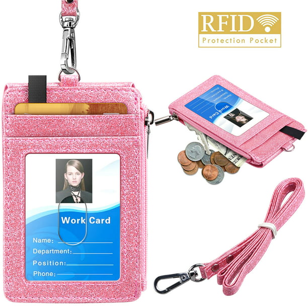 1 Side RFID Blocking Pocket and 20 Neck Lanyard/Strap for Offices ID Pink Driver Licence Badge Holder with Zipper PU Leather ID Badge Card Holder Wallet with 5 Card Slots School ID 
